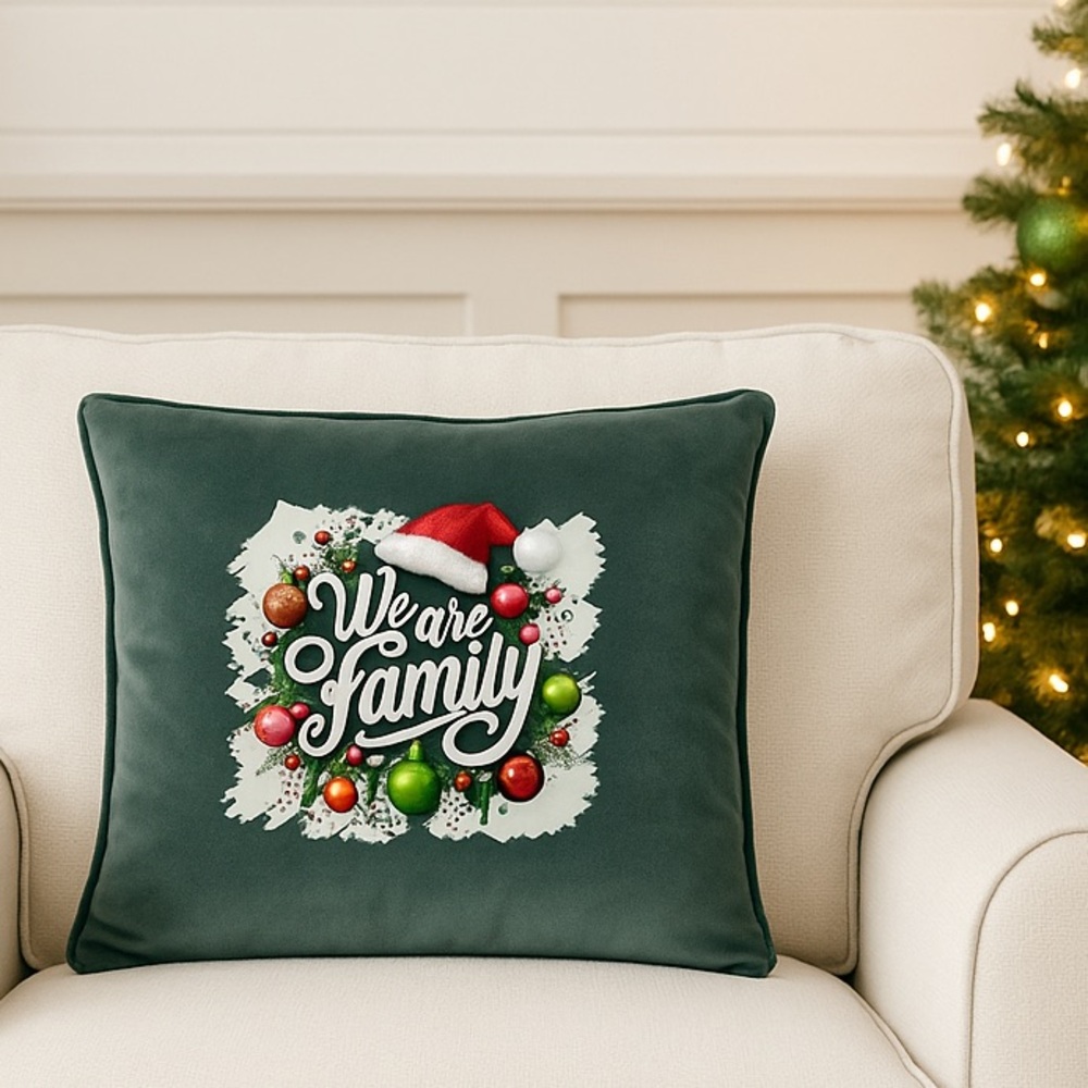 Cozy Holiday Pillow | “We Are Family” Christmas Cushion | Velvet Festive Accent